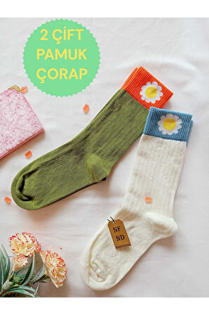 2 ÇİFT PAPATYA PAMUKLU KOKULU KADIN ÇORAP YUMUŞAK DİKİŞSİZ YEŞİL EKRU SOKET 36 40