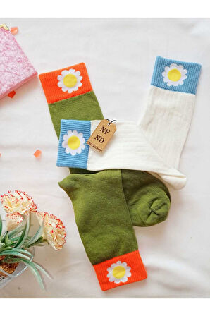 2 ÇİFT PAPATYA PAMUKLU KOKULU KADIN ÇORAP YUMUŞAK DİKİŞSİZ YEŞİL EKRU SOKET 36 40