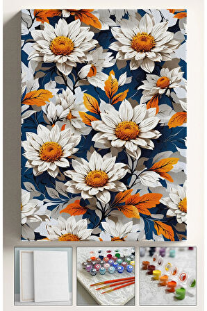 Sayılarla Boyama Hobi Seti Çerçeveli Numaralı Tuval Fırça Boya Dahil Kasnaklı PAPATYALAR 40x50 Cm