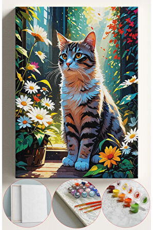 Sayılarla Boyama Seti Numaralı Tuval Fırça Boya 40x50 Cm - PAPATYALAR İÇİNDE KEDİ