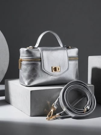 Parlak Gümüş Gold Metal Detaylı Mini Kadın El ve Çapraz Askılı Çanta