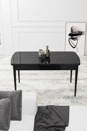 Par Serisi 70x114 Açılabilir Mdf Mutfak Masası Takımı Siyah Mermer Desen Masa 4 Kahverengi Sandalye