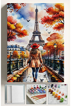 Sayılarla Boyama Çerçeveli Hobi Seti Numaralı Tuval Fırça Boya Dahil Kasnaklı PARİS KADIN 40X50 Cm