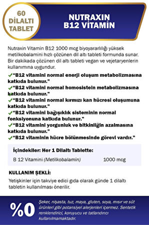Nutraxin B12 Vitamin 1000mcg 60 Tablet 2 Adet