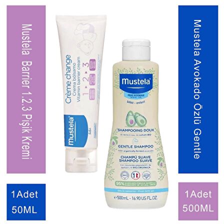 Mustela Avokado Özlü Gentle 50 Shampoo 500 ml + Mustela Vitamin Barrier 1.2.3 Pişik Kremi 50 ml