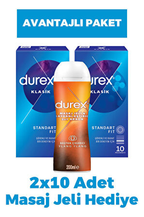 Durex Klasik Prezervatif 10'lu 2 Adet + Masaj Jeli Hediye