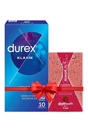 Durex Klasik Prezervatif 10'lu + HumanLife 5 gr X 10 Çilek Aromalı Jel Lubricant