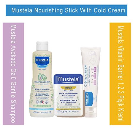 Mustela Avokado Özlü Gentle Shampoo 500 ml + Mustela Vitamin Barrier 1.2.3 Pişik Kremi 50 ml + Mustela Nourishing Stick With Cold Cream 9,2 gr 