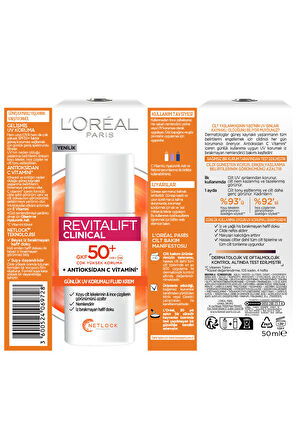 L'Oreal Paris Revitalift Clinical Leke Karşıtı Güneş Koruyucu Yüz Kremi SPF50 50 ml 2 Adet