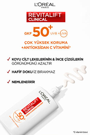 L'Oreal Paris Revitalift Clinical Leke Karşıtı Güneş Koruyucu Yüz Kremi SPF50 50 ml 2 Adet