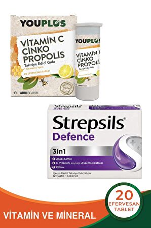 Youplus Vitamin C Çinko Propolis 20 Efervesan Tablet + Strepsils Defence 12 Pastil