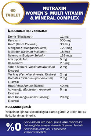 Nutraxin Womens Multivitamin Mineral Complex 60 Tablet 2 Adet