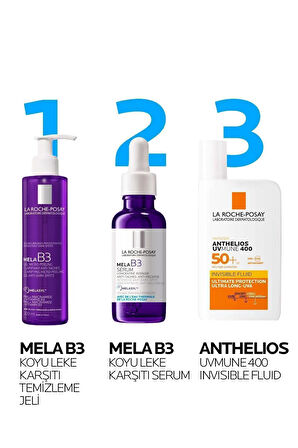 La Roche Posay Mela B3 Koyu Leke Karşıtı Temizleme Jeli 200 ml + La Roche Posay Mela B3 Leke Karşıtı Serum 30 ml  + La Roche Posay Anthelios UVmune 400 Invisible Fluid SPF50+ 50 ml 