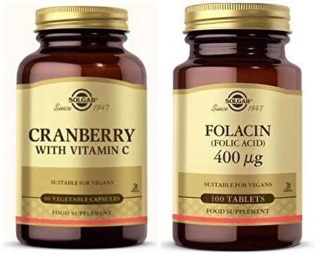 Solgar Cranberry Extract with Vitamin C 60 Kapsül+Solgar Folic Acid 400 mcg 100 Tablet