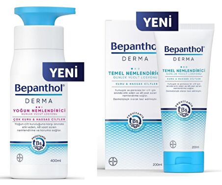 Bepanthol Nemlendirici B5 Provitaminli Kuru-Hassas Ciltler için  Vücut Losyonu 400 ml & Derma Temel Nemlendirici Vücut Losyonu 200 ml 
