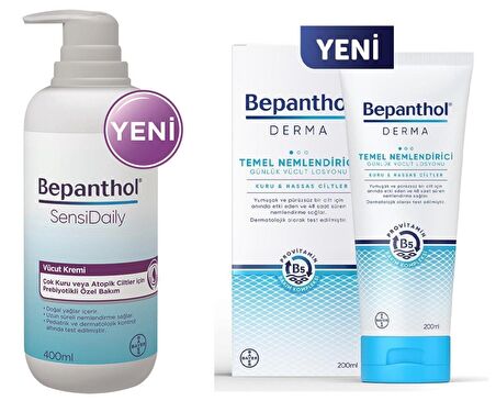 Bepanthol Nemlendirici B5 Provitaminli Kuru-Atopik Ciltler-Hassas Ciltler için  Vücut Kremi 400 ml & Derma Temel Nemlendirici Vücut Losyonu 200 ml 