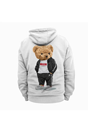 Love Yourself Ayıcık Baskılı Kapüşonlu Sweatshirt Hoodie Kalın Kumaş 3 İplik Şardonlu
