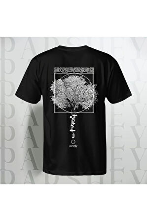 Ağaç Desenli Unisex Yarım Kollu Bisiklet Yaka %100 Pamuk Oversize T-shirt