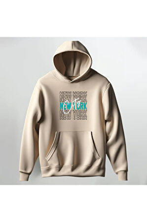New York City Yazılı Kapüşonlu Sweatshirt Hoodie Kalın Kumaş 3 İplik Şardonlu