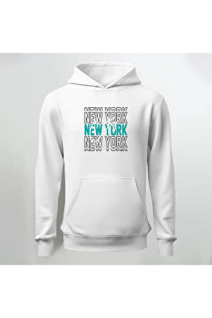New York City Yazılı Kapüşonlu Sweatshirt Hoodie Kalın Kumaş 3 İplik Şardonlu
