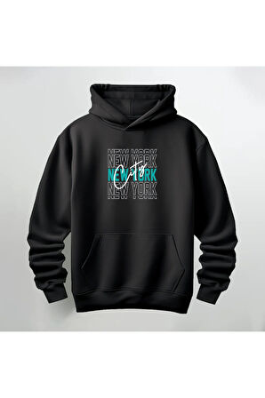 New York City Yazılı Kapüşonlu Sweatshirt Hoodie Kalın Kumaş 3 İplik Şardonlu