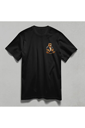 Oturan Ayı Baskılı Unisex Yarım Kollu Bisiklet Yaka %100 Pamuk Oversize T-shirt
