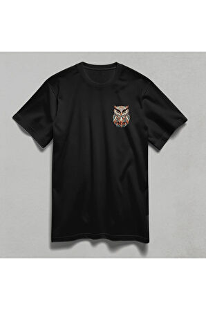 Baykuş Desenli Unisex Yarım Kollu Bisiklet Yaka %100 Pamuk Oversize T-shirt