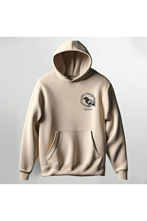 Kuş Desenli Kapüşonlu Sweatshirt Hoodie Kalın Kumaş 3 İplik Şardonlu