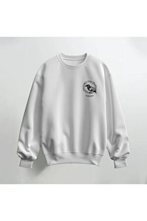 Kuş Deseni Baskılı Bisiklet Yaka Sweatshirt Kalın Kumaş 3 İplik