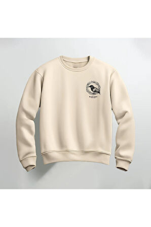 Kuş Deseni Baskılı Bisiklet Yaka Sweatshirt Kalın Kumaş 3 İplik