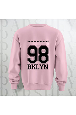 98 BKLYN Yazı Baskılı Unisex Bisiklet Yaka Sweatshirt Kalın Kumaş 3 İplik