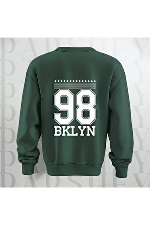 98 BKLYN Yazı Baskılı Unisex Bisiklet Yaka Sweatshirt Kalın Kumaş 3 İplik
