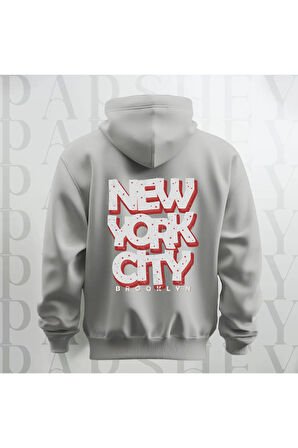 NYC Brooklyn Baskılı Kapüşonlu Sweatshirt Hoodie Yünlü Kalın Kumaş 3 İplik Şardonlu