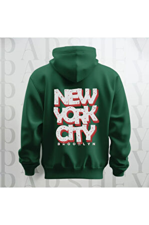 NYC Brooklyn Baskılı Kapüşonlu Sweatshirt Hoodie Yünlü Kalın Kumaş 3 İplik Şardonlu