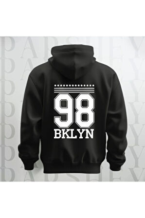 98 Brooklyn Baskılı Kapüşonlu Sweatshirt Hoodie Yünlü Kalın Kumaş 3 İplik Şardonlu