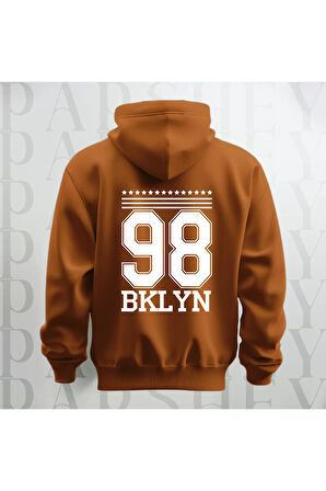 98 Brooklyn Baskılı Kapüşonlu Sweatshirt Hoodie Yünlü Kalın Kumaş 3 İplik Şardonlu