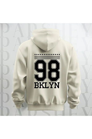 98 Brooklyn Baskılı Kapüşonlu Sweatshirt Hoodie Yünlü Kalın Kumaş 3 İplik Şardonlu