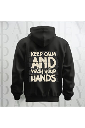 Keep Calm Baskılı Kapüşonlu Sweatshirt Hoodie Yünlü Kalın Kumaş 3 İplik Şardonlu