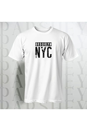 Brooklyn NYC Yazı Baskılı Unisex Yarım Kollu Bisiklet Yaka %100 Pamuk Oversize T-shirt