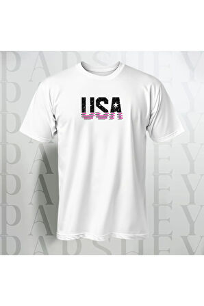 USA Göğüs Yazı Baskılı Unisex Yarım Kollu Bisiklet Yaka %100 Pamuk Oversize T-shirt