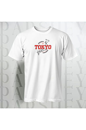 Tokyo Japan Baskılı Unisex Yarım Kollu Bisiklet Yaka %100 Pamuk Oversize T-shirt