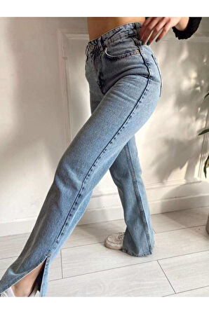 2035 Kadın Likralı Yanı Yırtmaçlı Bol Paça Jeans Kot Denim Pantolon