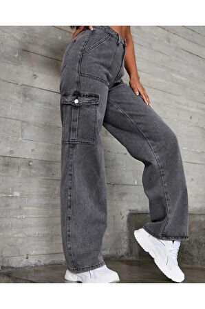 2090 Kadın Likrasız Kargo Cepli Bol Paça Jeans Kot Denim Pantolon