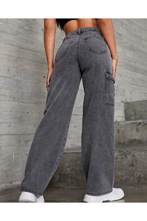 2090 Kadın Likrasız Kargo Cepli Bol Paça Jeans Kot Denim Pantolon