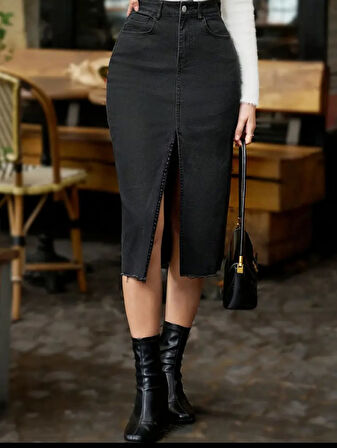 PASS&PASS 6106 Kadın Likralı Önden Yırtmaçlı Jeans Kot Denim Etek