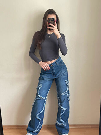PASS&PASS 2501 Kadın Büyük Yıldız Baskılı Bagy Big Stars model Kot Denim Pantolon