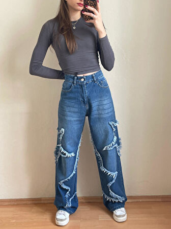 PASS&PASS 2501 Kadın Büyük Yıldız Baskılı Bagy Big Stars model Kot Denim Pantolon