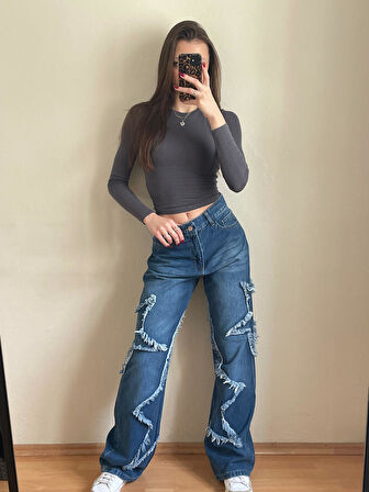 PASS&PASS 2501 Kadın Büyük Yıldız Baskılı Bagy Big Stars model Kot Denim Pantolon