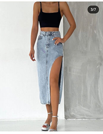 2094 Kadın Likrasız Yandan Yırtmaçlı Jeans Kot Denim Etek - Kar
