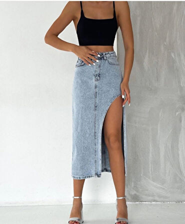 2094 Kadın Likrasız Yandan Yırtmaçlı Jeans Kot Denim Etek - Kar